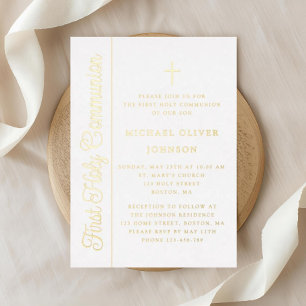 Elegant Script Boy First Communion Gold Foil Invitation