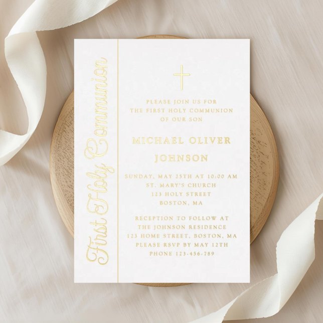 Elegant Script Boy First Communion Gold Foil Invitation (Elegant Script Boy First Communion Gold Foil Invitation)