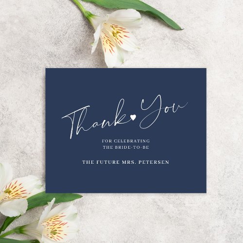 Elegant script bridal shower navy blue thank you card
