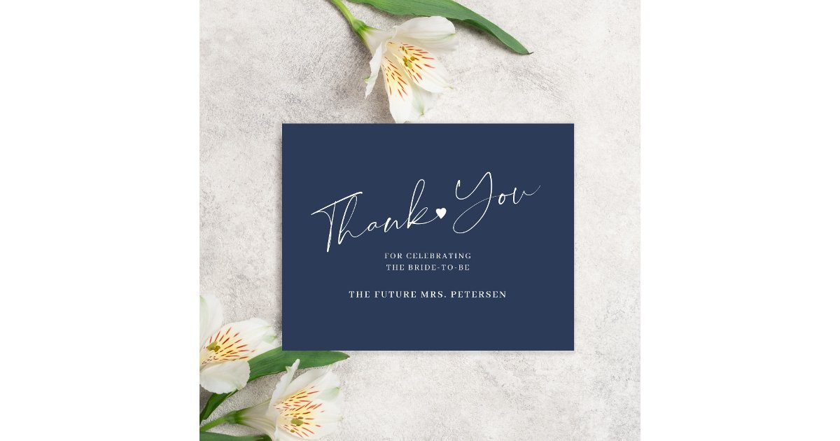 Elegant script bridal shower navy blue thank you card | Zazzle