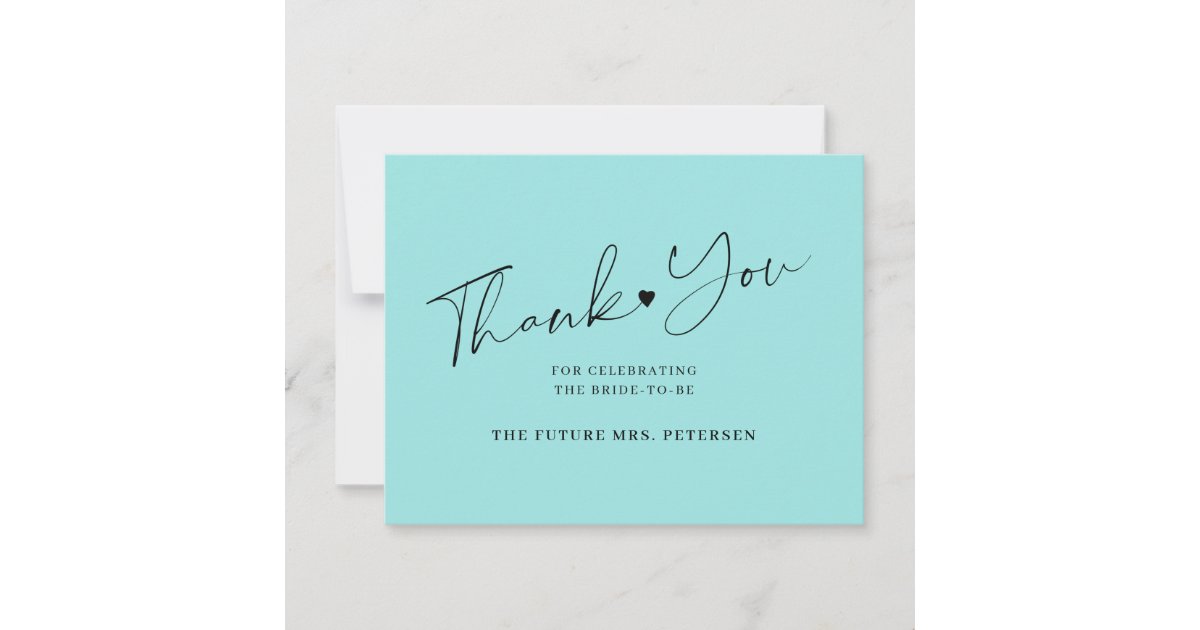 Elegant script bridal shower sea glass blue thank you card | Zazzle