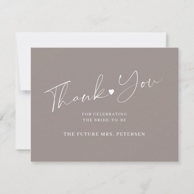 Elegant script bridal shower taupe thank you card (Front)
