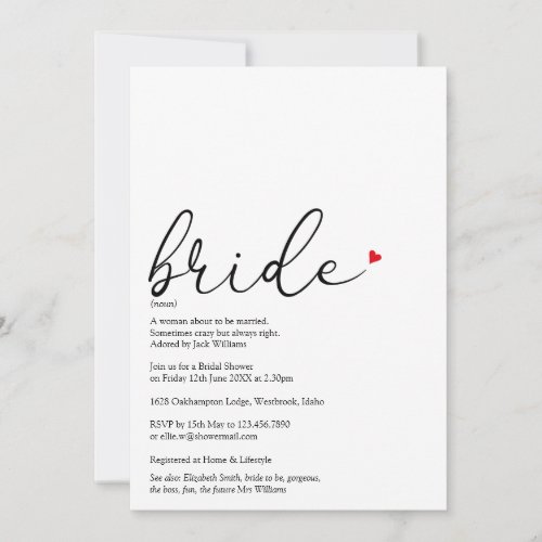 Elegant Script Bride Definition Bridal Shower Invitation