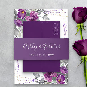 Elegant Script Bride & Groom Name Purple Wedding Invitation Belly Band
