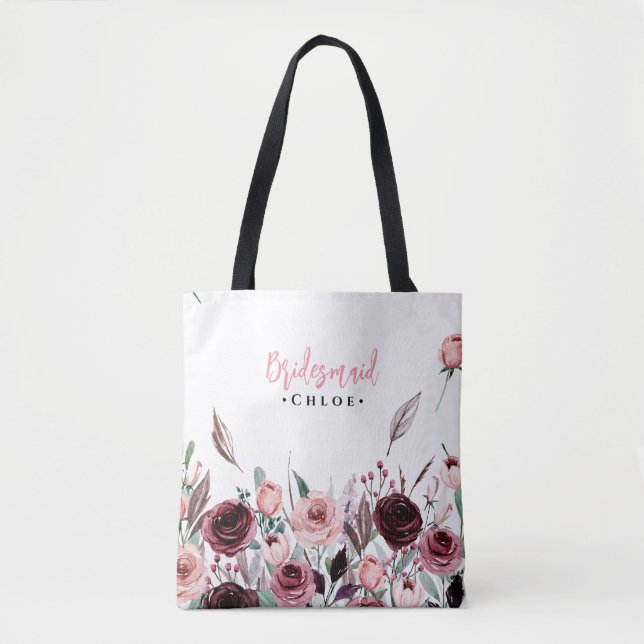 Elegant Script Bridesmaid Tote | Burgundy Floral Bag (Front)