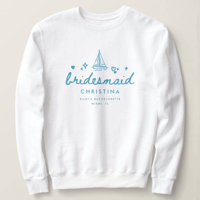 Elegant Script Bridesmaid's Name Lake Bachelorette Sweatshirt (Design Front)
