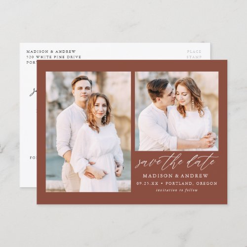 Elegant Script Brown 2 Photo Save the Date Announcement Postcard