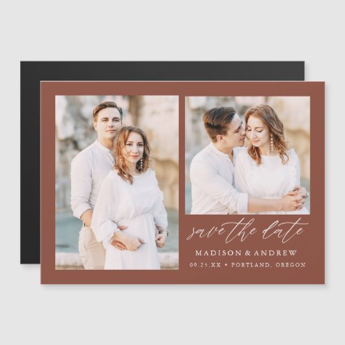 Elegant Script Brown 2 Photo Save the Date Magnetic Invitation