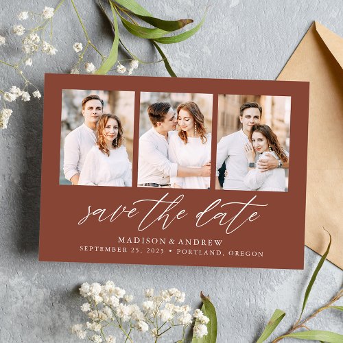 Elegant Script Brown 3 Photo Collage Save The Date