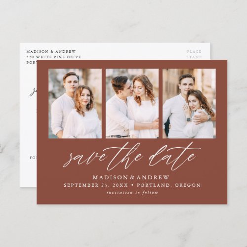 Elegant Script Brown 3 Photo Save the Date Announcement Postcard