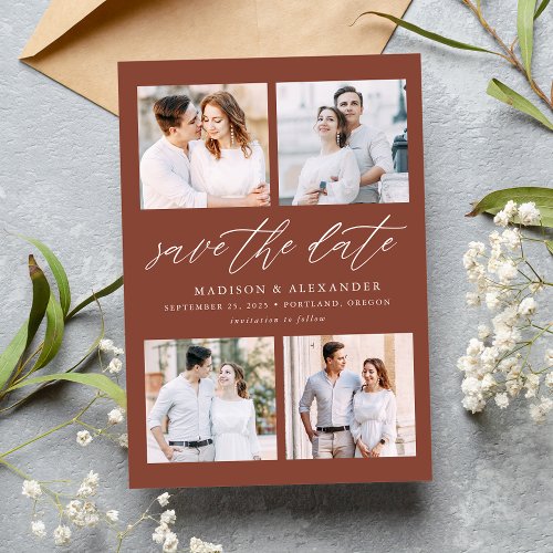 Elegant Script Brown 4 Photo Collage Save The Date