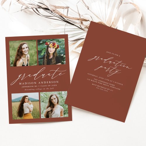 Elegant Script Brown 4 Photo Graduation Party Invitation