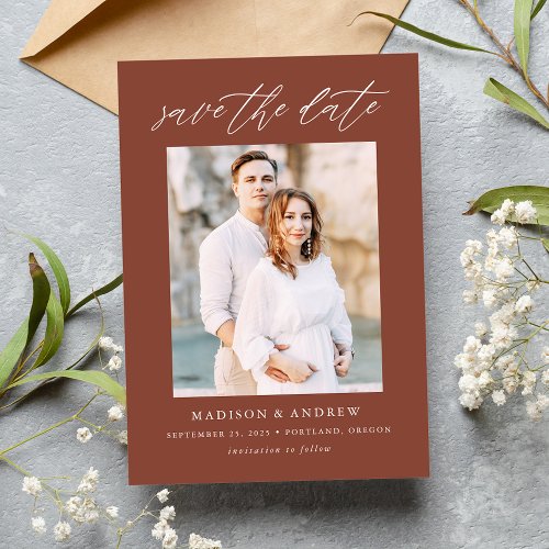 Elegant Script Brown Photo Save The Date