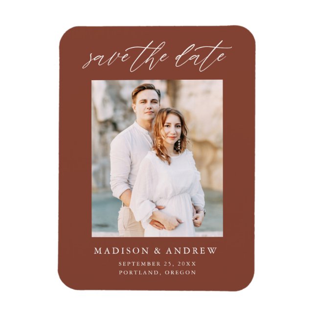 Elegant Script Brown Photo Save The Date Magnet (Vertical)