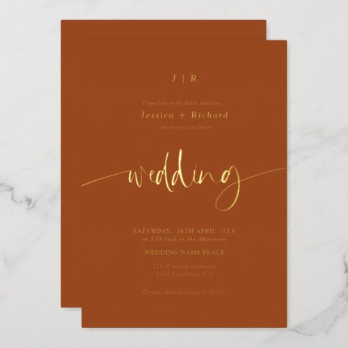Elegant script brush terracotta wedding gold foil invitation
