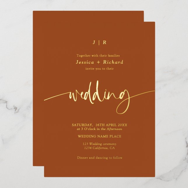 Elegant script brush terracotta wedding gold foil invitation (Front/Back)