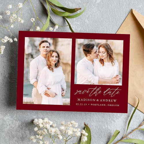 Elegant Script Burgundy 2 Photo Save The Date