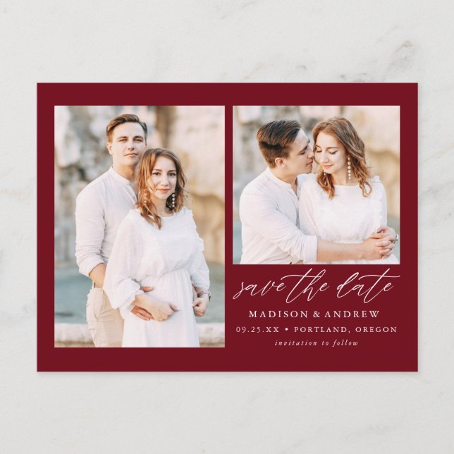 Elegant Script Burgundy 2 Photo Save the Date Announcement Postcard (Front)