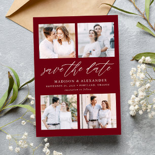 Elegant Script Burgundy 4 Photo Collage Save The Date