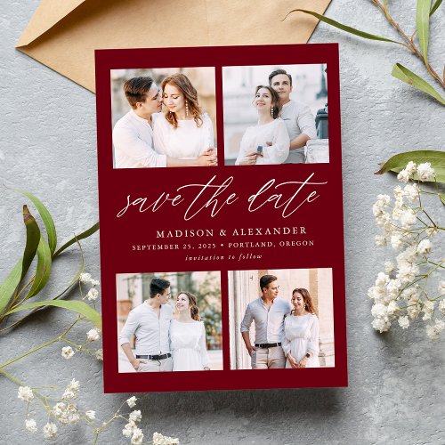 Elegant Script Burgundy 4 Photo Collage Save The Date