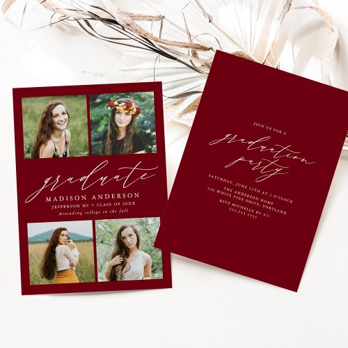 Elegant Script Burgundy 4 Photo Graduation Party Invitation