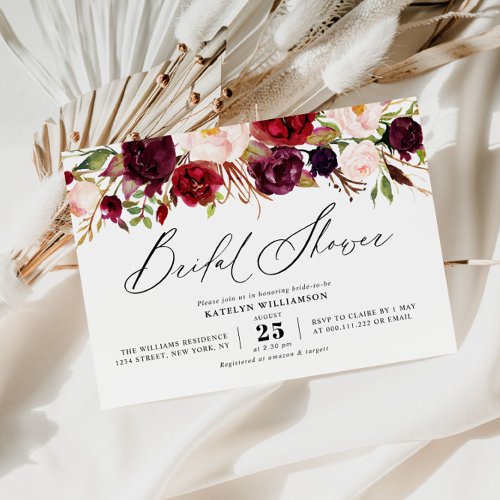 elegant script burgundy blush floral bridal shower invitation