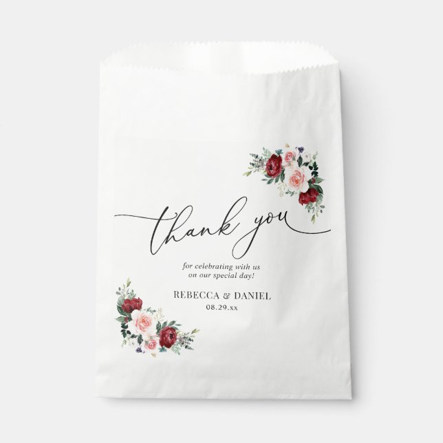 Elegant Script Burgundy Blush Floral Favor Bag (Front)