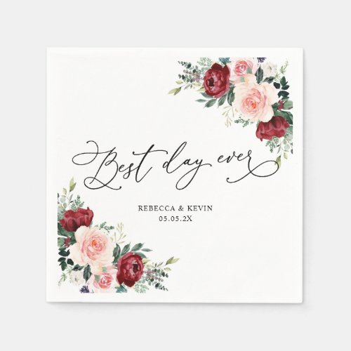 Elegant Script Burgundy Blush Floral Greenery Napkins