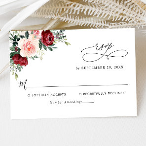 Elegant Script Burgundy Blush Floral Wedding RSVP Card