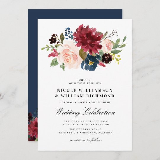 Elegant script Burgundy blush navy blue wedding Invitation