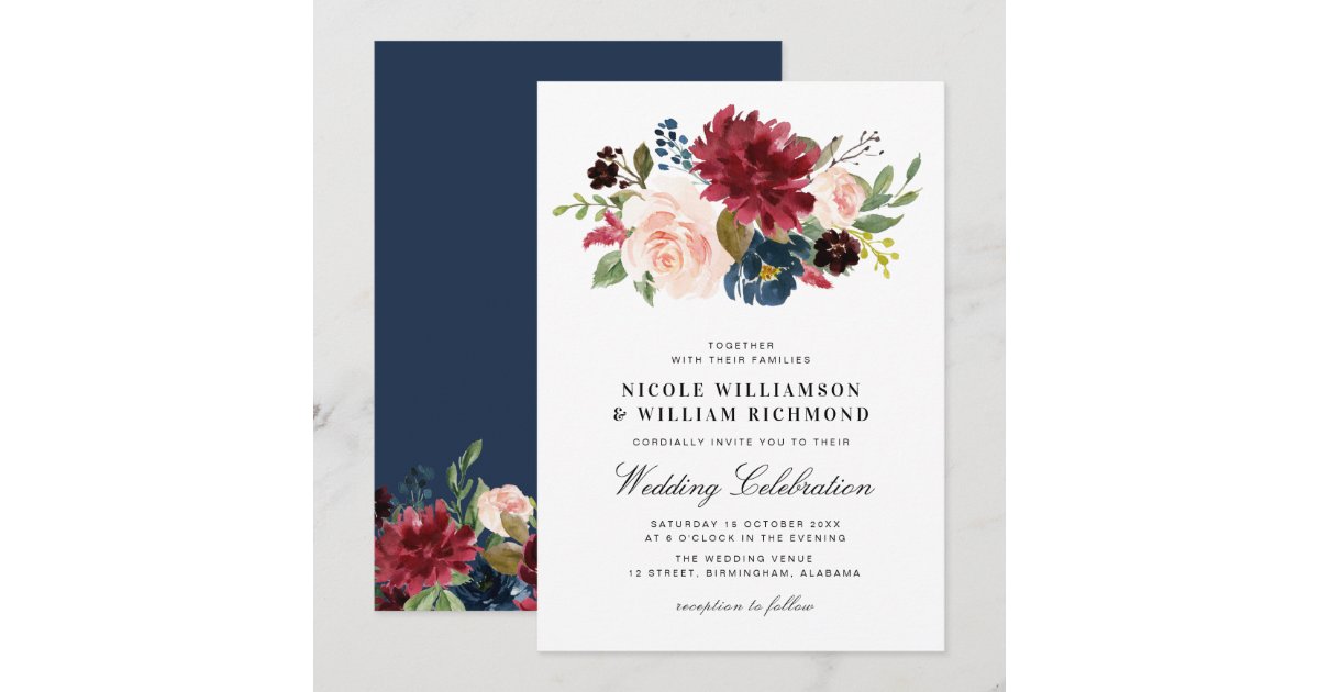 Elegant script Burgundy blush navy blue wedding Invitation
