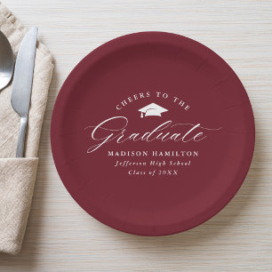 Elegant Script Burgundy Cheers to the Graduate Paper Plates