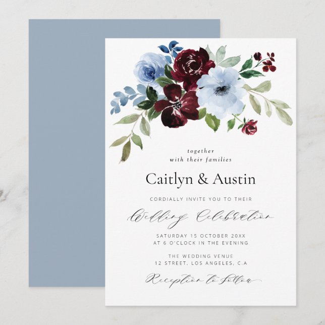 elegant script burgundy dusty blue floral wedding invitation (Front/Back)