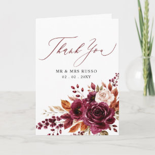 Elegant Script Burgundy Fall Floral Photo Thank You Card