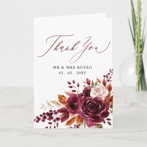 Elegant Script Burgundy Fall Floral Photo Thank You Card
