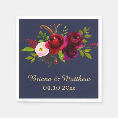 Elegant Script Burgundy Floral Navy Blue Napkins