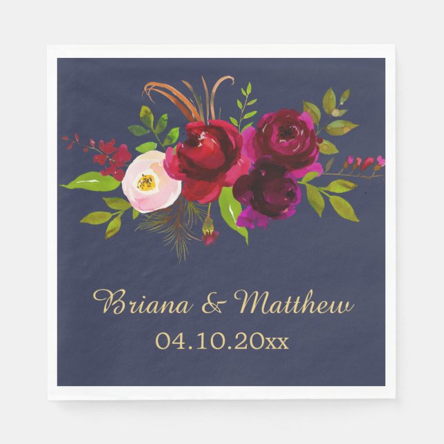Elegant Script Burgundy Floral Navy Blue Napkins (Front)