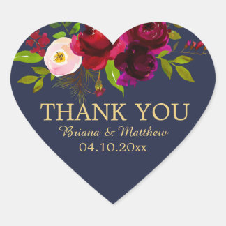 Elegant Script Burgundy Floral on Navy Blue Heart Sticker