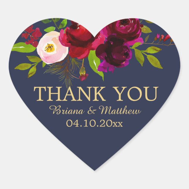 Elegant Script Burgundy Floral on Navy Blue Heart Sticker (Front)
