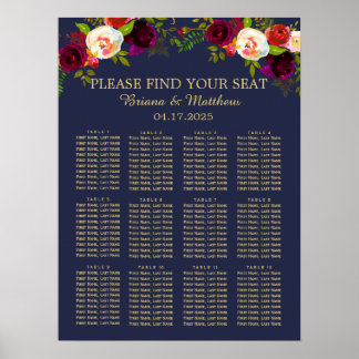 Elegant Script Burgundy Floral on Navy Blue Poster