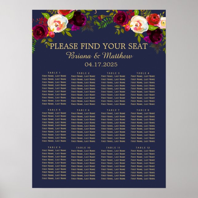 Elegant Script Burgundy Floral on Navy Blue Poster (Front)
