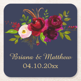 Elegant Script Burgundy Floral on Navy Blue Square Paper Coaster