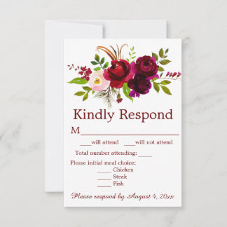 Elegant Script Burgundy Floral RSVP Card
