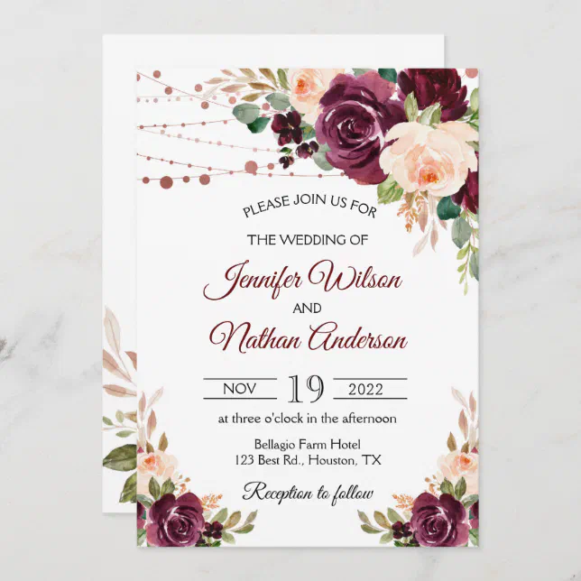 Elegant Script Burgundy Floral Wedding Invitation 