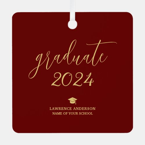 Elegant Script Burgundy Gold 2024 Graduate Photo Metal Ornament