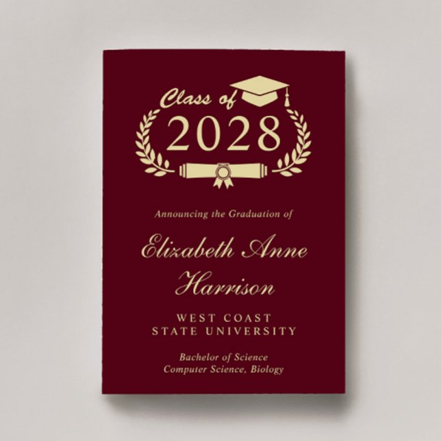 Elegant Script Burgundy Gold College Graduation Announcement (Share the pride and excitement of your graduate's achievement with friends and family near and far)