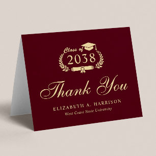 Elegant Script Burgundy Gold Graduation Thank You Card