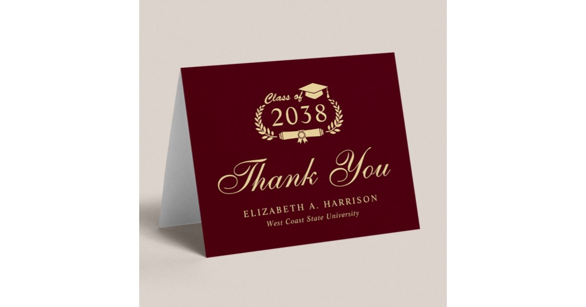 Elegant Script Burgundy Gold Graduation Thank You Card | Zazzle