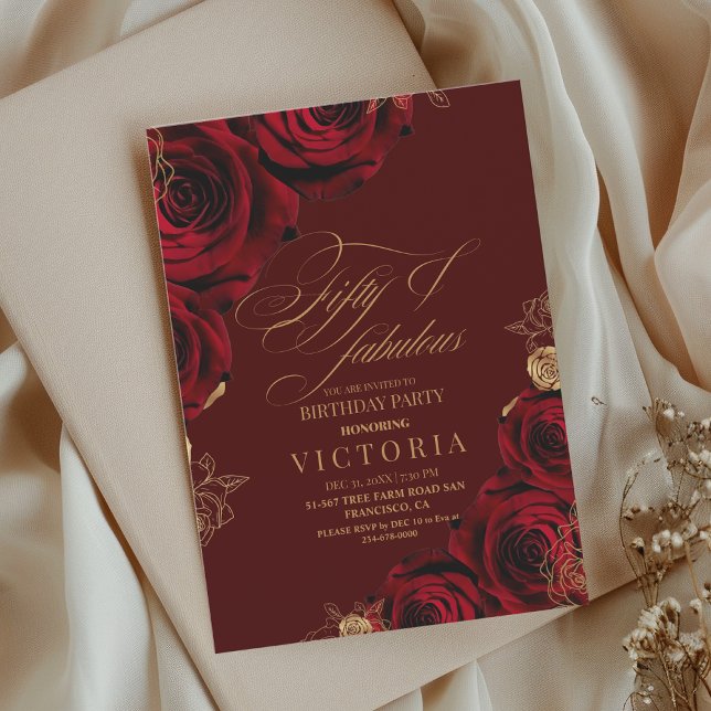 Elegant Script Burgundy Gold Rose 50th Birthday Invitation (Creator Uploaded)