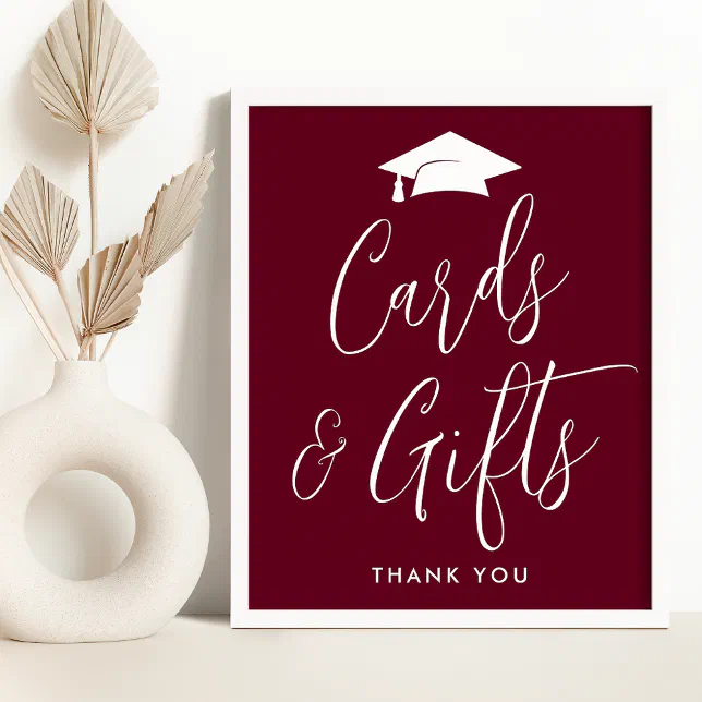 Elegant Script Burgundy Graduation Cards and Gifts Poster | Zazzle